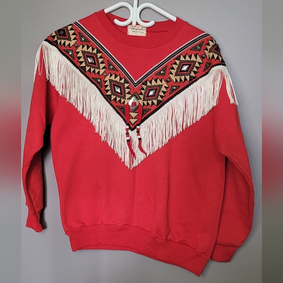Handmade Sweaters - Red Sweatshirt with Fringe M Tassel Western Boho Handmade
